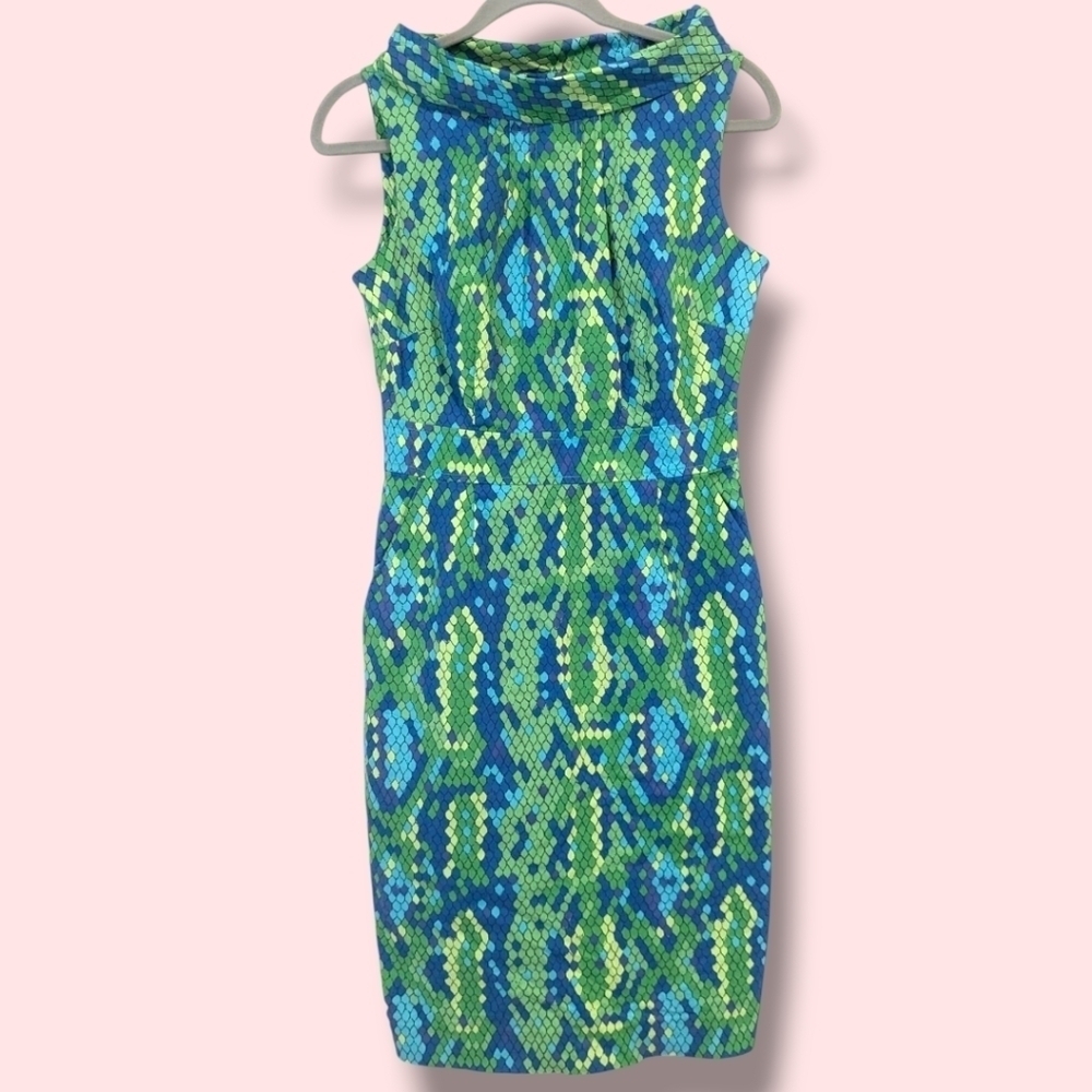 Lilly Pulitzer Blue Green Snake Print Cowl Neck Mini Shift Dress Party Cocktail
